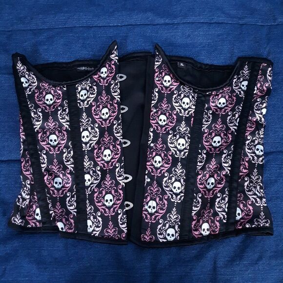 🆕️ 31"-34" Lavish XL underbust corset black pink white satin skulls corset busk - Picture 3 of 9